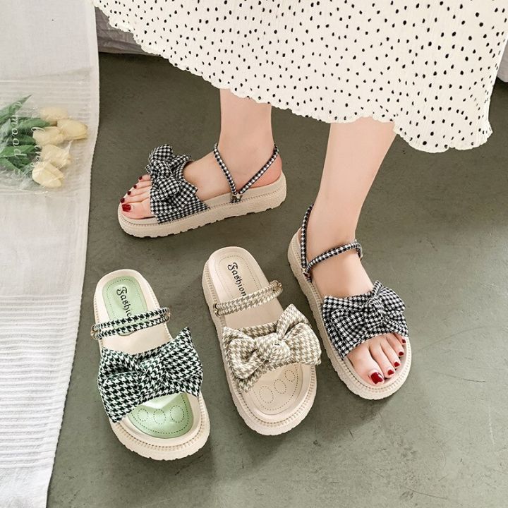 2022-mode-korea-รองเท้าแตะเดินหาดแบบทู่ในหนึ่งเดียวสไตล์นางฟ้าพื้นรองเท้าหนารองเท้าแตะชายหาดของผู้หญิงมีปมผีเสื้อ