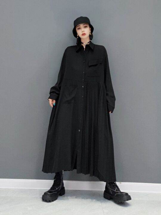 xitao-dress-solid-color-asymmetrical-long-sleeve-pleated-shirt-dress