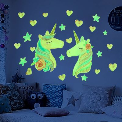 ❅▫ Cartoon Luminous Unicorn Wall Stickers Kids Room Home Decoration Glow In The Dark Wall Decals Fluorescent Stars Stickers Unicorn