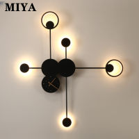 MIYA นาฬิกา Scandinavian Sconces สร้างสรรค์,นาฬิกาผนังพื้นหลังห้องนอนโคมไฟติดผนังห้องนั่งเล่นไฟตกแต่งผนังนาฬิกาบ้านศิลปะบุคลิกภาพโคมไฟติดผนัง LED โคมไฟติดผนัง S