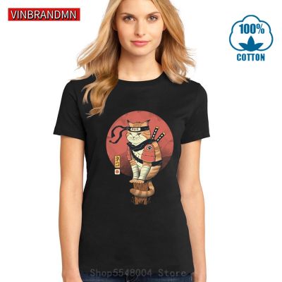 Cute Samurai Cat Tshirt Camisetas Mujer Anime Funny Cat Sushi Chef T Shirt For Humor Ninja Cat Tshirt Ninjitsu Tee 100%