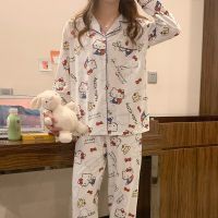 Womens Pajamas New Autumn Spring Long Sleeve Sleepwear Set Striped cartoon pyjama Woman Home Nightwear Set Cardigan Plus Size