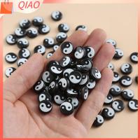 QIAO 100PCS ดีไอวาย ลูกปัดสำหรับเครื่องประดับ สีดำสีดำ การออกแบบไทเก็ก ลูกปัดเว้นระยะดินเหนียว ของใหม่ 10มม. ค่ะ ลูกปัดหลวมๆ การทำเครื่องประดับ