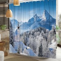 Winter Christmas Shower Curtain White Snow Mountain Village Scenery Curtains For Bathroom Bath Partition Curtain Sets With Hooks