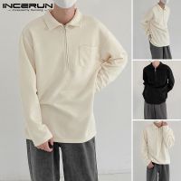 Incerun เสื้อเชิ้ตแฟชั่นสําหรับผู้ชาย 2 สีแขนยาวมีคอปกทรงหลวม