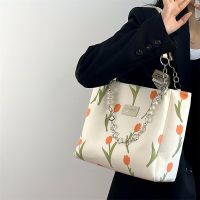 Large-capacity tote bag womens 2023 new niche jacquard pearl chain hand-held canvas bag all-match shoulder bag 【APR】