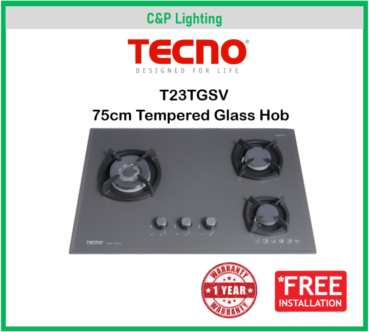 Tecno 75cm 3 Burner Glass Cooker Hob Gas Stove with Inferno Wok Burner