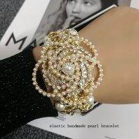 Luxury Handmade Elastic Pearl Crystal Camellia Flower Bangle Jewelry For Women