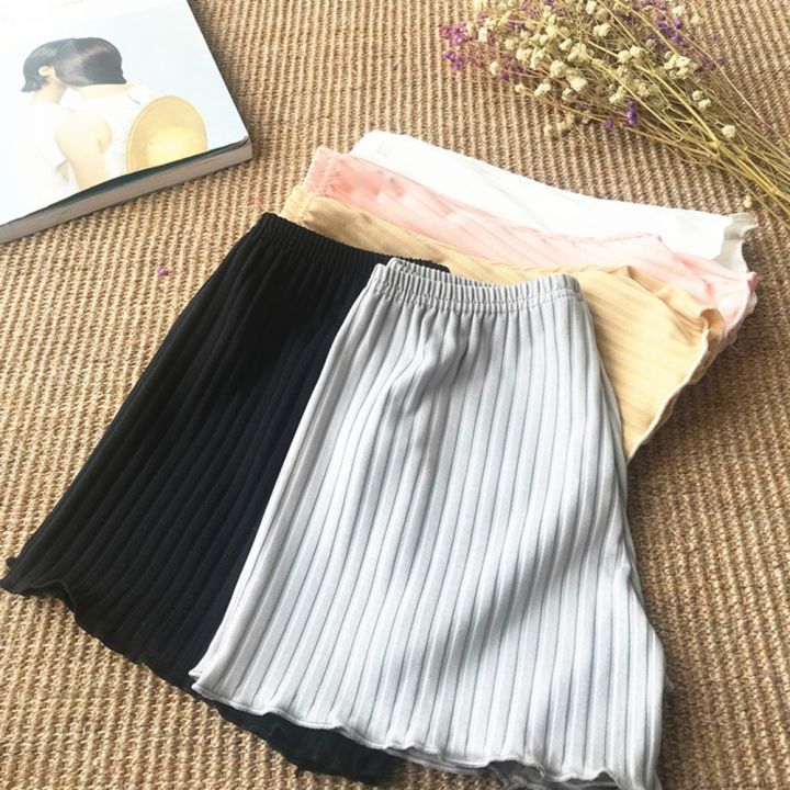 ladies-women-summer-safety-pants-thread-ribbed-striped-seamless-stretchy-underpants-solid-color-ruffle-agaric-hem-boxer-shorts