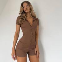 Modelhouses# Women Short Jumpsuit, Short Sleeve Turn-down Collar on Closure Solid Playsuit for Party