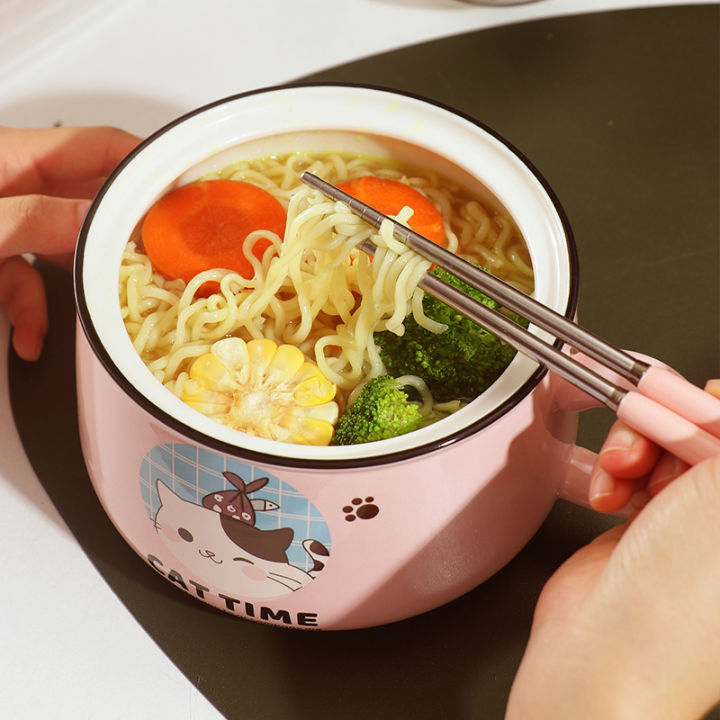 1020ml-creativity-high-capacity-spoon-with-lid-ceramics-instant-noodle-bowl-young-girl-dorm-room-student-office-super-large-bowl
