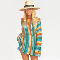 --D0512 The new 2023 in Europe and the knitting chromatic stripe beach blouse sexy bikini smock; hollow out vacation is prevented bask in unlined upper garmen