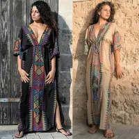 --D0512 Hot style in Europe and the rayon printing beach blouse sexy deep v-neck holiday robes waste their bikinis smock