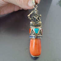 TBP653 Tibetan Tara Buddha Amulet Pendants Nepal Brass Handicrafts inlay Bamboo Coral Pendant