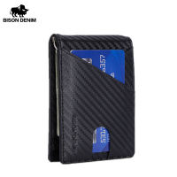 BISON DENIM NEW Mens Slim Wallet with Money Clip Leather RFID Blocking Bifold Credit Card Holder for Airtag with Gift Box W9726