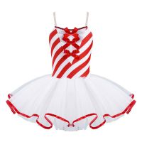 Kids Girls Christmas Dance Dress Sleeveless Ballerina Costumes Bowknot Stripes Print Mesh Tutu Gymnastics Stage Dancewear Dress  by Hs2023