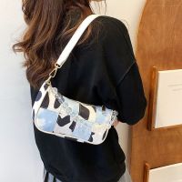 ins Niche Design Contrast Color Checked One-Shoulder Underarm Bag Retro All-Match Messenger Trendy Texture Denim Fashion Commuter 【AUG】