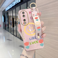 Diorcase For Honor 90 5G,90 Lite 5G (พร้อมสายรัดข้อมือ) ขอบสี่เหลี่ยมนิ่มลายการ์ตูนเด็กผู้หญิงยิ้มเคสชุบเคสโทรศัพท์หรูหราชุบเคสโทรศัพท์นิ่ม