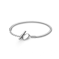 Pan-Style 925 Sterling Silver Heart-Shaped Buckle T-Shaped Chain celet For Girlfriend Gift Women Bead Jewelry Making