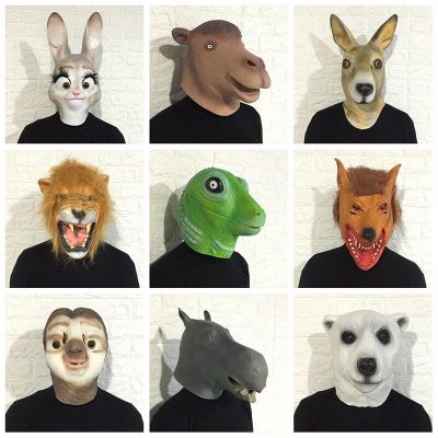Crazy Animal City Cute Latex Mask Halloween Cosplay Costume Party Performance Horse Rabbit Leopard Cat Lion Full Head Props