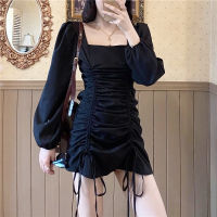 ชุดเดรสแขนยาวเซ็กซี่ผู้หญิง New Square Collar Slim Drawstring Mini Hip Skirt