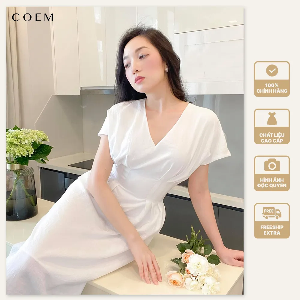 Đầm Trắng Dài Qua Gối Cổ Xẻ Chữ V Chiết Eo CO EM Chất Liệu Linen ...