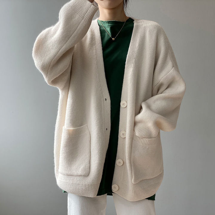 ผู้หญิงคาร์ดิแกนถักสำหรับฤดูใบไม้ร่วง-ฤดูหนาว2021ใหม่สีทึบเสื้อแจ็คเก็ตกันหนาวผู้หญิงหลวมเสื้อคาร์ดิแกนคอวีเกาหลี