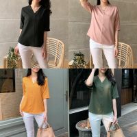 Plain Colors V Neck Short Sleeve 94cm Bust Smooth Moscrepe Blouse for Women