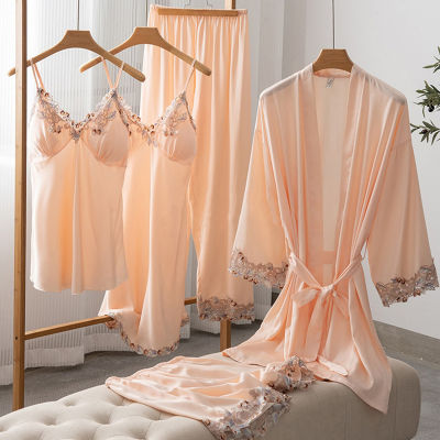 ฤดูใบไม้ผลิฤดูร้อน5ชิ้นชุดนอนชุดเซ็กซี่ลูกไม้ตัดเสื้อคลุมอาบน้ำ Nightgown หญิงซาติน Cami Pijamas สูทหลวมบ้านเสื้อผ้าเลานจ์สวมใส่