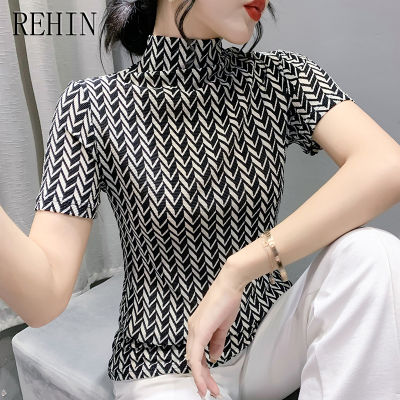 REHIN เสื้อยืดผู้หญิงแขนสั้นพิมพ์ลายแฟชั่นแบบใหม่ในฤดูใบไม้ร่วง,เสื้อผู้หญิงอเนกประสงค์และกระชับสัดส่วน