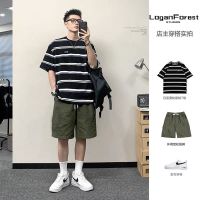 CODhan14416 Ready Stock Hong Kong Style Mens Suit Summer Trendy Casual Pants Short-Sleeved Shorts Cotton T-Shirt Loose Versatile ins Drawstr