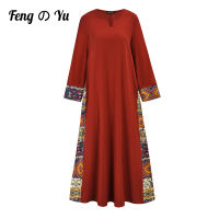 Ethnic Style Ladies Red Robe Muslim V-Neck Stitching Dress Arab India Print Womens Long-Sleeved Casual Home Wear