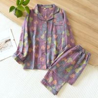 New Spring Autumn Womens Lapel Casual Pajamas Set 100 Cotton Crepe Jacquard Vintage Long Sleeve Pants 2 Piece Home Suit