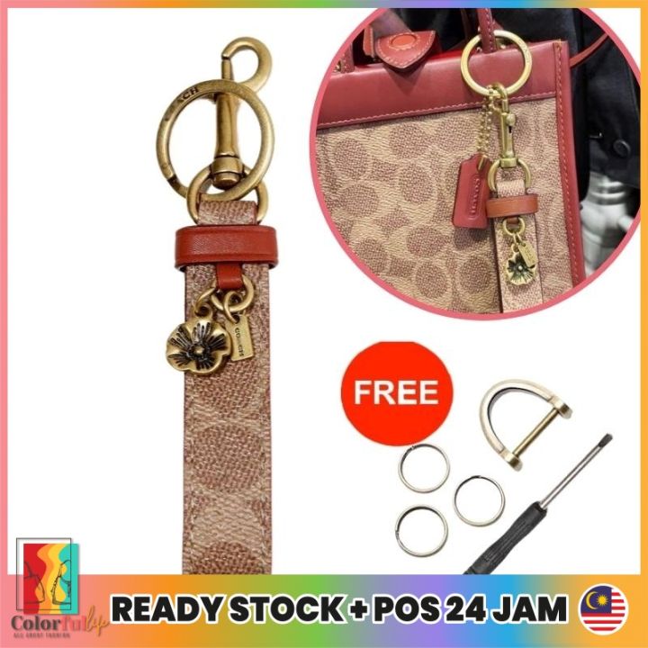 Coach Signature Tea Rose Charm Loop Bag Charm Key Fob Keychain +