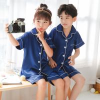 Blue Satin Silk Pajamas Sets For Teen Girls Boys Pyjamas Long/Short Sleeve Top Pants Pijama Set Autumn Kids Sleepwear Child Pjs