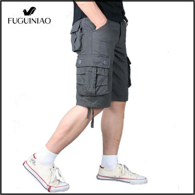 FUGUINIAO Mens Cargo กางเกงขาสั้นฤดูร้อนหลายกระเป๋าผู้ชายหลวม-กางเกงกระชับสัดส่วนบางส่วนขนาดใหญ่ Overalls