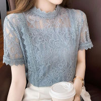 Elegant Lace Hollow Out เสื้อ Office Lady ฤดูร้อนสีทึบแขนสั้นแฟชั่น Stand Collar เสื้อตรง2023