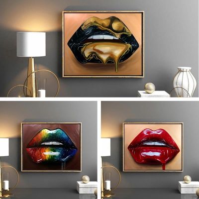 ผู้หญิงริมฝีปากแฟชั่นโมเดิร์นโปสเตอร์แต่งหน้า Wall Art พิมพ์ทองเซ็กซี่ Charming Red LIPS Art ภาพวาดผ้าใบ Beauty Salon Wall decor