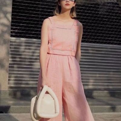 P010-098 PIMNADACLOSET - Wide Leg Side High Slit Pants Pinafore Jumpsuit in Peach With Pockets