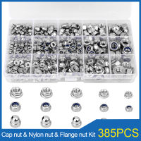 385PCS M3 M4 M5 M6 M8 หน้าแปลนอ่อนนุช Cap nut Nylon Nut Assortment Kit 304 Stainless Steel DIN6923 Nut DIN985 Nylon Nut Fastener Set-SJK STORE