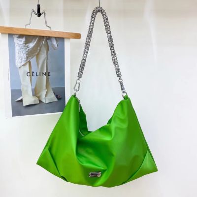 Large Metal Chain Shoulder Bag for Women Simple Stylish Soft Nylon Crossbody Bags Casual Shopping Purses
