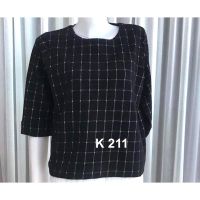 K211  เสื้อผู้หญิงสไตล์เกาหลี เสื้อแขนสามส่วน เนื้อผ้าฝ้าย ผ้านิ่มยืดได้ ลายตารางจุดดำขาว พร้อมส่ง