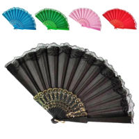 Plastic Satin Vintage Folding Fan Black Lace Edge Luxury Fan Dance Hand Fan Home Decoration Ornaments Chinese Japanese Pattern Art Craft Gift