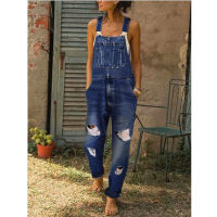 Fashion Women Denim Rompers for Streetwear Design Pockets Decor Ripped Sling Sleeveless Casual Loose Jumpsuits