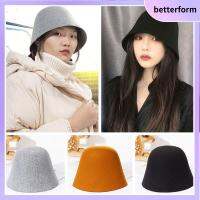 BETTERFORM สีทึบทึบ หมวกทรงถัง ผ้าขนสัตว์ขนแกะ รูประฆัง หมวกขนสัตว์ชาวประมง ลำลองแบบสบายๆ หมวกอุ่นๆ สำหรับผู้หญิง