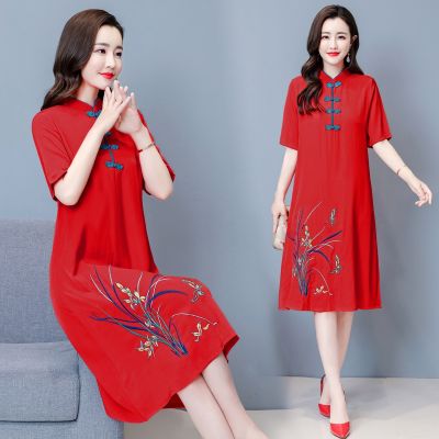 【LZ】❐┋♗  Vestido vintage vermelho bordado tradicional chinês qipao casual para festa feminina vestido midi de verão 2021 m a 4xg