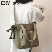 ENV Canvas bag large capacity solid color casual slung shoulder bag Korean student bag tutorial class bag with pendant.