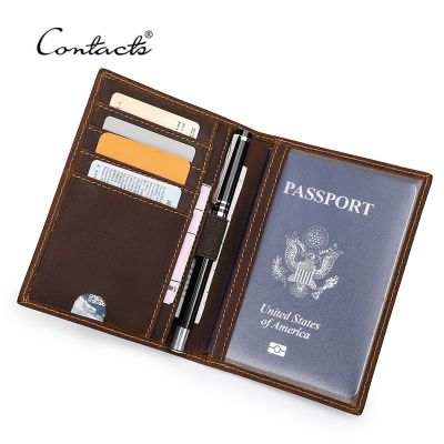 CONTACTS Passport Holder Men Genuine Leather Thin ID Card Holder for Passports Vintage Passport Cover Travel Wallet Crazy Horse Card Holders