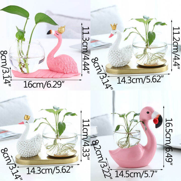 strongwell-home-decoration-crafts-modern-flamingo-ornament-with-glass-hydroponics-resin-flower-vase-green-plants-container