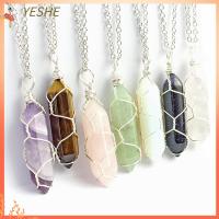 YESHE ของขวัญสำหรับผู้หญิง ผู้ชาย อเมทิสต์ ทรายสีฟ้า หินธรรมชาติ โรสควอตซ์ จี้หินพันลวด สร้อยคอคริสตัลทรงกระบอกหกเหลี่ยม